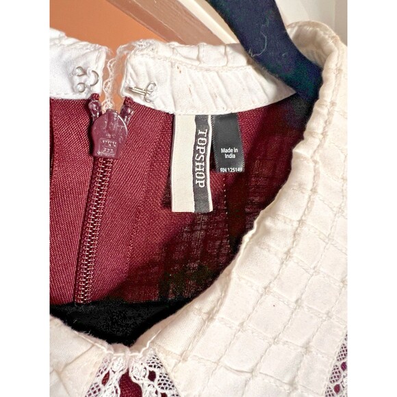 Topshop Embroidered Shift Dress Size 12 Burgundy 3/4 Sleeve Peter Pan Collar - Picture 2 of 15
